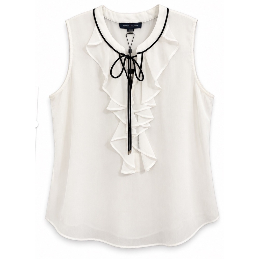 Tommy Hilfiger White Ruffle Tie Neck Sleeveless Blouse HSVTH75B Ivory XL NWT